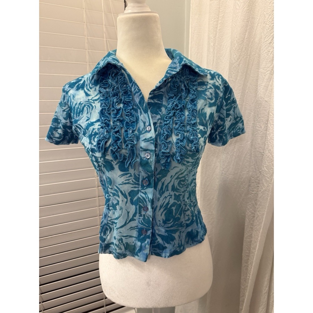 Vtg 90s Y2K Rampage Sheer Velvet Burnout Top Sz M Aqua Floral Ruffle Collar Mesh